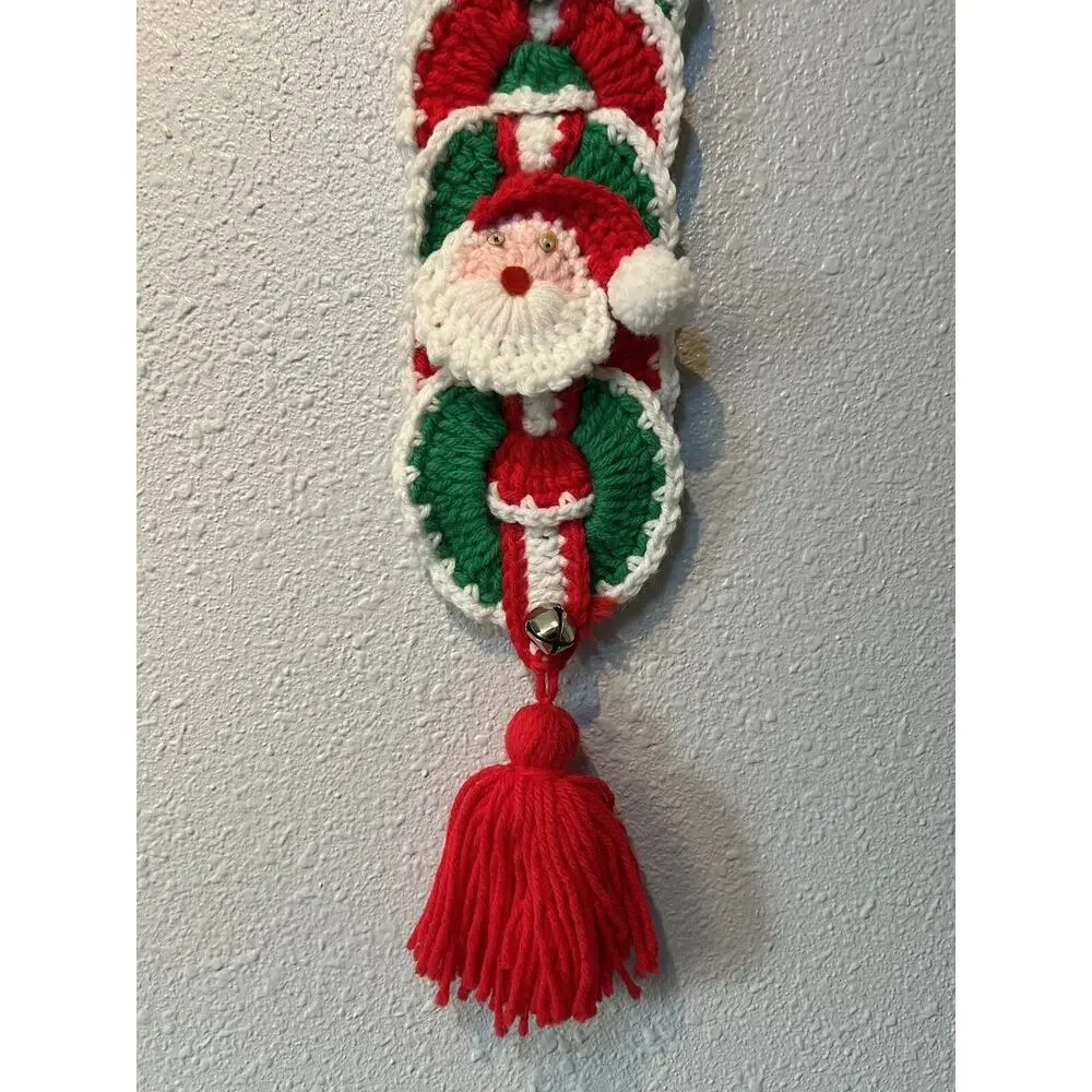 Handmade Crocheted Christmas Bell Santa Wall Hanging 31” Vintage Holiday Kitsch